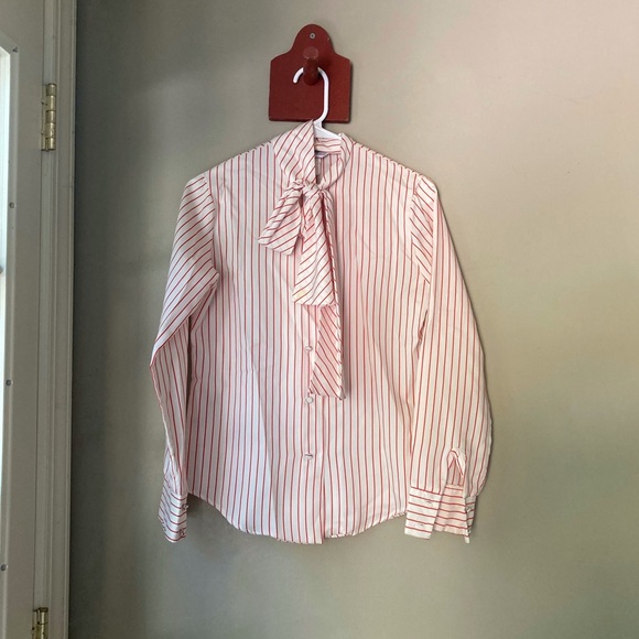 Vintage Le Soft Red & White Striped Button Down Tie Neck Top S - Picture 1 of 9